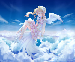 Rule 34 | 1girl, above clouds, angel wings, blonde hair, closed mouth, cloud, commentary, english commentary, feathered wings, floating hair, flower, from side, gloves, green eyes, hair flower, hair ornament, hanami risa, hand up, high heels, highres, idol, indie virtual youtuber, layered skirt, looking at viewer, looking to the side, one side up, pink flower, pink skirt, skirt, solo, temachii, virtual youtuber, white footwear, white gloves, white wings, wings