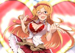 Rule 34 | 10s, 1girl, bad id, bad pixiv id, blonde hair, blush, bra, breasts, cleavage, clothes around waist, earrings, glasses, hairband, highres, idolmaster, idolmaster million live!, jewelry, large breasts, long hair, looking at viewer, necktie, official art, one eye closed, open clothes, open mouth, open shirt, red bra, school uniform, shinomiya karen, shirt, skirt, smile, solo, sweat, sweater, sweater around waist, underwear, upanishi mariko