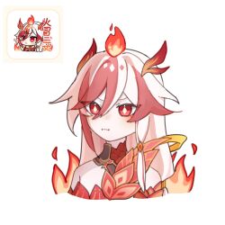 Rule 34 | 1girl, bare shoulders, chinese clothes, closed mouth, detached sleeves, eyeliner, fire, fu hua, fu hua (garuda), hair between eyes, highres, honkai (series), honkai impact 3rd, long hair, makeup, manfu w, multicolored hair, pout, red eyeliner, red eyes, red hair, red scales, scales, simple background, solo, streaked hair, symbol-shaped pupils, two-tone hair, very long hair, white background, white hair, yellow pupils