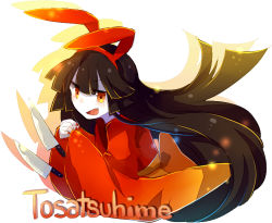 Rule 34 | 1girl, animal ears, black hair, blush, character name, fang, funamusea, japanese clothes, kimono, knife, long hair, mary (14476764), oounabara to wadanohara, open mouth, orange eyes, rabbit ears, shadow, sidelocks, simple background, smile, solo, tosatsuhime, upper body, white background
