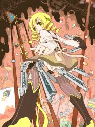 Rule 34 | 10s, 1girl, blonde hair, boots, cake, capsule, chair, drill hair, fingerless gloves, food, fork, from behind, from below, gloves, gun, hat, unworn hat, unworn headwear, higashi (azm), looking back, magical girl, mahou shoujo madoka magica, mahou shoujo madoka magica (anime), medicine, pill, pyotr (madoka magica), rifle, smile, solo, tegaki, thighhighs, tomoe mami, weapon, witch&#039;s labyrinth, yellow eyes