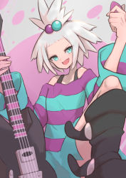 Rule 34 | 1girl, bass guitar, blue eyes, boots, bra strap, creatures (company), dress, fang, forehead, game freak, highres, instrument, leg lift, looking at viewer, nintendo, nuneno, plectrum, pokemon, pokemon bw2, roxie (pokemon), skin fang, solo, strapless, strapless dress, striped clothes, striped dress, topknot, white hair