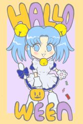 Rule 34 | 1girl, alternate costume, animal hands, apron, bell, blue bow, blue dress, blue hair, blush, border, bow, bucket, candy, candy wrapper, cat bell, cat paws, cat tail, chibi, dress, english text, food, french maid (outfit), hair bell, hair ornament, halloween, halloween costume, highres, jack-o&#039;-lantern, leg warmers, multicolored text, orange border, purple background, simple background, smile, style request, tail, tail ornament, tail raised, twintails, white apron, white cuffs, wikipe-tan, wikipetan
