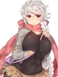 Rule 34 | 10s, 1girl, alternate costume, bad id, bad pixiv id, bag, between breasts, breasts, brown eyes, brown skirt, grey jacket, handbag, jacket, jitome, kantai collection, large breasts, long hair, long sleeves, looking at viewer, navel, open clothes, open jacket, open mouth, pokoten (pokoten718), ribbed sweater, scarf, silver hair, simple background, skirt, sleeves past wrists, solo, strap between breasts, sweater, unryuu (kancolle), very long hair, white background