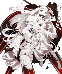 Rule 34 | 10s, 3girls, abyssal ship, ahoge, airfield princess, bad id, bad pixiv id, carrying, claws, colored skin, covered mouth, detached sleeves, dress, horns, kantai collection, looking at viewer, machinery, mittens, multiple girls, northern ocean princess, pale skin, red eyes, roong, seaport princess, simple background, single horn, turret, white dress, white hair, white skin