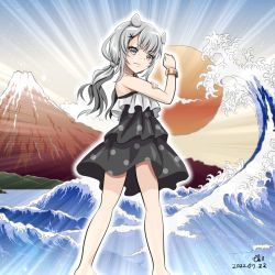 Rule 34 | 1girl, black one-piece swimsuit, bracelet, fake horns, grey eyes, grey hair, hair ornament, horned headwear, horns, i-201 (kancolle), jewelry, kantai collection, long hair, low ponytail, official alternate costume, one-piece swimsuit, polka dot, polka dot swimsuit, solo, standing, swimsuit, tk8d32, x hair ornament