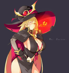 Rule 34 | 1girl, blonde hair, breasts, breath weapon, breathing fire, brooch, cape, character name, cleavage, clothing cutout, cowboy shot, dress, fire, gloves, gohan (gohanchang), gold trim, hair between eyes, hand on own hip, hat, hat ornament, highres, index finger raised, jewelry, large breasts, long hair, looking at viewer, multicolored cape, multicolored clothes, navel cutout, nijisanji, nui sociere, nui sociere (1st costume), one eye closed, partially fingerless gloves, revealing clothes, ribbon, sideboob, simple background, solo, torn clothes, torn hat, virtual youtuber, witch hat, yellow eyes
