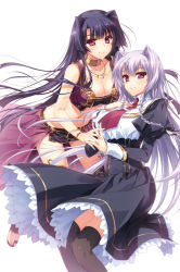 Rule 34 | 2girls, black hair, black legwear, bracelet, braid, breasts, choker, cleavage, cover, cover page, crop top, dress, estelle norn stern, full body, hair intakes, hand on own chest, holding hands, jewelry, juliet sleeves, kenkoku no jungfrau, large breasts, light purple hair, long sleeves, lots of jewelry, multiple girls, navel, necklace, no socks, novel cover, puffy sleeves, red eyes, sandals, school uniform, side braid, simple background, smile, thighhighs, white background, yasaka minato
