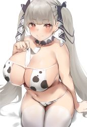 Rule 34 | 1girl, animal print, azur lane, bare shoulders, between breasts, bikini, blush, breasts, cleavage, closed mouth, collarbone, commentary request, cow print, detached collar, earrings, eyepatch bikini, formidable (azur lane), grey hair, hair ribbon, highres, jewelry, large breasts, long hair, looking at viewer, navel, red eyes, revision, ribbon, sitting, smile, solo, strap gap, swimsuit, thighhighs, thighs, twintails, two-tone ribbon, usa b, very long hair, white thighhighs