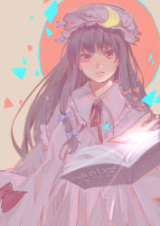 Rule 34 | 1girl, absurdres, blue ribbon, book, chinese commentary, closed mouth, collared dress, commentary request, crescent moon, dress, hair ribbon, hat, highres, long hair, long sleeves, looking at viewer, mob cap, moon, neck ribbon, onebill, open book, patchouli knowledge, purple dress, purple eyes, purple hair, ribbon, serious, solo, touhou, tress ribbon, very long hair