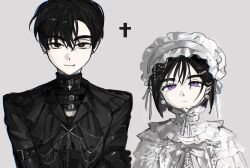 Rule 34 | 0021, 1boy, 1girl, absurdres, alien stage, black choker, black hair, black shirt, bow, choker, closed mouth, cross, dress, ear piercing, earrings, expressionless, fang, frills, grey background, hat, highres, ivan (alien stage), jewelry, leather choker, long sleeves, pearl earrings, piercing, portrait, purple eyes, red pupils, shirt, short hair, simple background, smile, sua (alien stage), white bow, white dress, white hat