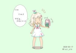 Rule 34 | 1girl, amabie, beak, blonde hair, clothes writing, commentary request, dated, dress, fins, grecale (kancolle), green background, green eyes, head fins, highres, kantai collection, long hair, low-cut armhole, luci ole, one-hour drawing challenge, ribbon, sailor collar, sailor dress, scales, side-tie dress, simple background, sleeveless, sleeveless dress, solo, standing, striped neckwear, traditional youkai, translation request, wavy hair, white dress, white ribbon, white sailor collar