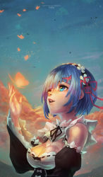 Rule 34 | 10s, 1girl, absurdres, blue eyes, blue hair, breasts, bug, butterfly, cleavage, commentary, completion time, detached collar, detached sleeves, eyelashes, hair ornament, hair over one eye, hairband, highres, bug, looking up, maid, medium breasts, monori rogue, night, night sky, nose, pink ribbon, re:zero kara hajimeru isekai seikatsu, rem (re:zero), ribbon, sky, solo, sunset, underbust, x hair ornament