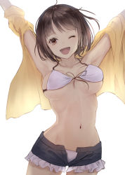Rule 34 | 1girl, arms up, bikini, bouncing breasts, breasts, brown eyes, brown hair, denim, denim shorts, earrings, frilled bikini, frilled bikini, frills, front-tie bikini top, front-tie top, jacket, jewelry, looking at viewer, medium breasts, navel, nyaon oekaki, one eye closed, open mouth, original, short hair, shorts, simple background, solo, swimsuit, teeth, unbuttoned, underboob, white background