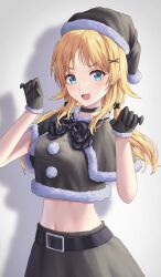 Rule 34 | 1girl, black gloves, black santa costume, blonde hair, blue eyes, bow, bowtie, christmas, commentary request, crop top, fur-trimmed headwear, fur trim, gloves, grey background, hachimiya meguru, hair ornament, hairclip, hat, highres, idolmaster, idolmaster shiny colors, looking at viewer, low twintails, navel, santa costume, santa hat, shadow, simoumi 217, solo, stomach, twintails