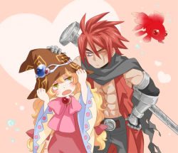 Rule 34 | 1boy, 1girl, :o, ahoge, bad id, bad pixiv id, belt, beryl benito, blonde hair, bow, brown background, bubble, couple, embarrassed, fish, gloves, goldfish, hand on another&#039;s head, hat, heart, hetero, long hair, messy hair, muscular, pants, pink bow, red hair, ribbon, scar, scarf, spiked hair, tales of (series), tales of hearts, tetsu hagane, toufuno, weapon, witch, witch hat, yellow eyes