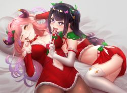 Rule 34 | 2girls, ass, black hair, braco, breasts, brown eyes, candy, candy cane, christmas, circle skirt, cleavage, closed mouth, clothing cutout, dress, eating, elbow gloves, food, gloves, gradient hair, heart, heart-shaped pupils, highres, hina misora, kurari rose, large breasts, lips, long hair, looking at viewer, miniskirt, multicolored hair, multiple girls, navel, navel cutout, one eye closed, open mouth, over-kneehighs, pantyhose, pink eyes, pink hair, pleated skirt, purple hair, red dress, red eyes, red skirt, santa costume, short dress, skirt, skirt set, symbol-shaped pupils, thighhighs, twintails, virtual youtuber, wactor production, white gloves, white legwear