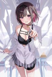 Rule 34 | 1girl, black bra, black choker, black hair, black nails, blush, bra, breasts, chigusa minori, choker, cleavage, collared shirt, commentary request, corrupted twitter file, grey skirt, highres, large breasts, long sleeves, looking at viewer, multicolored hair, nail polish, parted lips, pink hair, pleated skirt, pointing, pointing at viewer, purple eyes, shino to ren, shirayuki ren, shirt, short hair, single bare shoulder, skirt, smile, solo, two-tone hair, underwear, white shirt