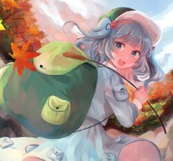 Rule 34 | 1girl, :d, backpack, bag, blue eyes, blue shirt, blue skirt, blunt bangs, day, falling leaves, hair bobbles, hair ornament, highres, holding, holding stick, kawashiro nitori, leaf, long sleeves, looking at viewer, looking back, maple leaf, medium hair, mozukuzu (manukedori), open mouth, outdoors, shirt, skirt, skirt pocket, smile, solo, stick, teeth, touhou, two side up, upper teeth only