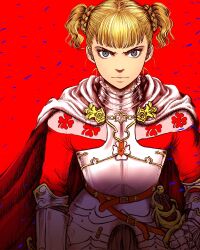 Rule 34 | 1girl, armor, berserk, blonde hair, braid, cape, closed mouth, farnese (berserk), gauntlets, highres, looking at viewer, nisino2222, red background, serious, sheath, sheathed, short twintails, side braid, solo, sword, twintails, unfinished, weapon