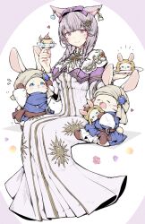 Rule 34 | 1girl, absurdres, animal ears, blue eyes, blue shirt, braid, brown sash, capelet, cat ears, closed eyes, closed mouth, cup, cupcake, dress, earrings, final fantasy, final fantasy xiv, flower, food, full body, gem, hair ribbon, hand on own head, heart, highres, holding, holding cup, holding plate, jewelry, light blush, long dress, long hair, looking at another, looking down, loporrit, miqo&#039;te, mokokoiro, nail polish, open mouth, pink eyes, plate, purple hair, rabbit earrings, ribbon, shirt, sitting, smile, solo, turban, twin braids, warrior of light (ff14), white capelet, white dress