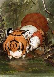 Rule 34 | 1girl, animal ears, animal print, black hair, branch, commentary request, crouching tiger, elbow gloves, extra ears, fern, foliage, gloves, kemono friends, leaf, looking at viewer, multicolored hair, necktie, orange hair, plaid, plaid necktie, plaid neckwear, plaid skirt, plaid trim, pleated skirt, pond, print gloves, print thighhighs, red necktie, red skirt, rumenia (ao2is), school uniform, shirt, skirt, solo, tail, thighhighs, tiger (kemono friends), tiger ears, tiger girl, tiger print, tiger tail, tree, water, water drop, white hair, white shirt, yellow eyes