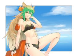 Rule 34 | ahoge, atalanta (fate), atalanta (formal dress) (fate), bikini, blonde hair, blue sky, border, bracelet, breasts, cloud, day, detached collar, fate/apocrypha, fate (series), flower, green eyes, groin, hair flower, hair ornament, hand in own hair, highres, hikichi sakuya, jewelry, long hair, looking at viewer, multicolored hair, navel, outside border, side-tie bikini bottom, sky, small breasts, smile, spread legs, swimsuit, thighs, white border