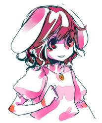 Rule 34 | 1girl, animal ears, brown hair, faux traditional media, female focus, inaba tewi, lowres, rabbit ears, red eyes, short hair, simple background, smile, solo, takishima asaka, touhou, upper body