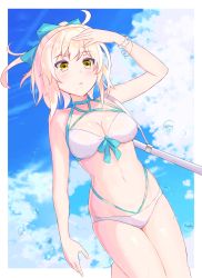 Rule 34 | 1girl, :o, ahoge, bare shoulders, bikini, blonde hair, blue bow, blush, bow, breasts, cleavage, commentary request, day, fate/grand order, fate (series), front-tie bikini top, front-tie top, hair bow, half updo, halterneck, hand on own head, highleg, highleg bikini, highres, japanese clothes, legs together, looking at viewer, medium breasts, multi-strapped bikini, okita j. souji (fate), okita j. souji (third ascension) (fate), okita souji (fate), okita souji (koha-ace), outdoors, outside border, panipo2501, sheath, sheathed, short hair, solo, standing, standing on one leg, swimsuit, water drop, white bikini
