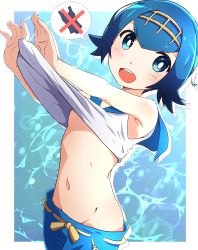 Rule 34 | 1girl, absurdres, arms up, bare shoulders, blue background, blue hair, blue one-piece swimsuit, blue pants, blue sailor collar, blush, border, breasts, clothes lift, cowboy shot, creatures (company), female focus, game freak, groin, hairband, happy, highres, lana (pokemon), lifted by self, light blush, matching hair/eyes, navel, negimiso1989, nintendo, no bra, no panties, one-piece swimsuit, open mouth, outline, outstretched arms, pants, pokemon, pokemon sm, sailor collar, shirt, shirt lift, short hair, sleeveless, sleeveless shirt, small breasts, smile, solo, speech bubble, standing, stomach, swimsuit, teeth, underboob, unworn swimsuit, water, white border, white outline, white shirt, yellow hairband