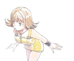 Rule 34 | 1girl, bare shoulders, bracelet, breasts, brown hair, cowboy shot, curled ends, final fantasy, final fantasy viii, green eyes, jewelry, leaning forward, looking to the side, medium breasts, michibata 65, necklace, selphie tilmitt, short hair, solo, white background, yellow overalls