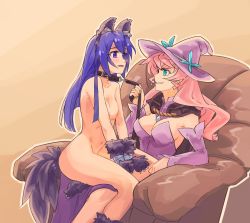 Rule 34 | 2girls, animal costume, animal ear fluff, animal ears, animal hands, aqua eyes, bdsm, blue eyes, blue hair, breasts, chair, cleavage, clothed female nude female, collar, collarbone, completely nude, detached sleeves, eye contact, fake animal ears, femdom, floating hair, girl on top, gloves, grin, groin, halloween, halloween costume, hat, kazanari tsubasa, leash, leash pull, long hair, long sleeves, looking at another, maria cadenzavna eve, medium breasts, multiple girls, navel, nude, open mouth, paw gloves, pet play, pink hair, purple headwear, purple sleeves, senki zesshou symphogear, sideboob, sitting, small breasts, smile, strapless, tail, topturtling, witch, witch hat, wolf costume, wolf ears, wolf tail, yuri