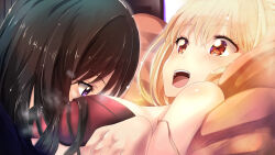 Rule 34 | 2girls, black hair, blonde hair, breasts, cleavage, close-up, couch, face to breasts, gc3, highres, inoue takina, large breasts, long hair, lycoris recoil, multiple girls, nishikigi chisato, open mouth, orange eyes, purple eyes, upper body, yuri