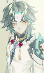 Rule 34 | 1boy, ahoge, armor, asymmetrical clothes, bead necklace, beads, black hair, bluebean27, closed mouth, facial mark, forehead mark, genshin impact, green hair, highres, jewelry, male focus, multicolored hair, necklace, shoulder armor, simple background, solo, upper body, xiao (genshin impact), yellow eyes