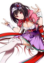 Rule 34 | 1girl, black hair, blush, breasts, cleavage, commentary request, fate/grand order, fate (series), fingerless gloves, fox shadow puppet, gloves, gradient hair, hairband, hood, japanese clothes, long hair, looking at viewer, medium breasts, multicolored hair, osakabehime (fate), red eyes, simple background, smile, solo, thighhighs, very long hair, white background, white thighhighs, yodare (3yami8)