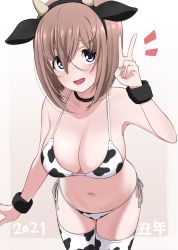 Rule 34 | 1girl, 2021, animal ears, animal print, bikini, blush, border, breasts, brown hair, chinese zodiac, choker, cleavage, collarbone, cow ears, cow horns, cow print, fake animal ears, fake horns, hair between eyes, hairband, hand up, highres, horns, ikari manatsu, large breasts, looking at viewer, navel, open mouth, original, purple eyes, shadow, short hair, side-tie bikini bottom, simple background, skindentation, smile, solo, swimsuit, thighhighs, v, white background, white border, wristband, year of the ox