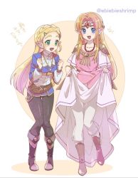 Rule 34 | 2girls, armor, belt, black legwear, blonde hair, blue eyes, blue shirt, blush, boots, bracelet, braid, breasts, brown footwear, clenched hands, clothes lift, commentary, dress, dress lift, dual persona, earrings, full body, green eyes, hair ornament, hairclip, jewelry, long hair, long sleeves, looking at another, multiple girls, necklace, nintendo, open mouth, pants, pants under shorts, pearl necklace, pink dress, pointy ears, princess zelda, shirt, short sleeves, shoulder armor, shuri (84k), sidelocks, small breasts, smile, standing, straight hair, super smash bros., the legend of zelda, the legend of zelda: a link between worlds, the legend of zelda: breath of the wild, thick eyebrows, tiara, translated, triforce, twitter username
