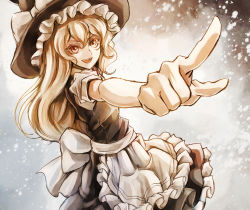 Rule 34 | 1girl, apron, bad id, bad pixiv id, black dress, blonde hair, bow, dress, hat, hat bow, jan (lightdragoon), kirisame marisa, long hair, open mouth, pointing, puffy short sleeves, puffy sleeves, short sleeves, smile, solo, touhou, very long hair, waist apron, witch hat, yellow eyes