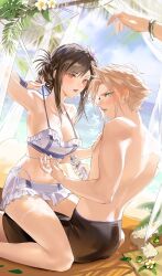 Rule 34 | 1boy, 1girl, absurdres, adjusting clothes, adjusting swimsuit, armpits, bare legs, bare shoulders, beach, bikini, bikini skirt, black hair, blonde hair, blue eyes, blue sky, blush, breasts, brown eyes, cleavage, cloud strife, couple, curtains, duoj ji, final fantasy, final fantasy vii, final fantasy vii rebirth, final fantasy vii remake, flower, halterneck, highleg, highleg swimsuit, highres, large breasts, lotion, lotion bottle, lotus, male swimwear, navel, ocean, official alternate costume, official alternate hairstyle, outdoors, palm tree, pov, red eyes, side-tie bikini bottom, sitting, sitting on lap, sitting on person, sky, spiked hair, stomach, sunscreen, swim trunks, swimsuit, tifa lockhart, topless male, tree