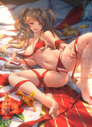 Rule 34 | 1girl, :p, bar censor, barefoot, blonde hair, blue eyes, bra, bra pull, censored, clothes pull, crotchless, crotchless panties, feet, fingernails, flower, granblue fantasy, lilithbloody, looking at viewer, navel, nipples, one breast out, orange flower, panties, pulling own clothes, pussy, pussy juice, red bra, red flower, red panties, red ribbon, ribbon, smile, solo, tiptoes, tongue, tongue out, twintails, underwear, zeta (granblue fantasy)
