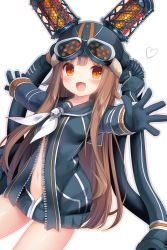 Rule 34 | 10s, 1girl, amashiro natsuki, brown hair, cable, goggles, unworn goggles, heart, helmet, highres, honeycomb pattern, iona (last period), jacket, last period, long hair, looking at viewer, navel, neckerchief, open mouth, orange eyes, outstretched arms, sailor collar, smile, solo, unzipped, white background, zipper