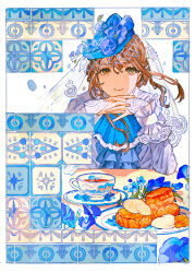 Rule 34 | 1girl, absurdres, ascot, blue ascot, blue flower, brown eyes, brown hair, buchi (qooo003), closed mouth, commentary request, cup, dress, flower, food, food request, highres, interlocked fingers, long sleeves, looking at viewer, original, own hands together, petals, saucer, sleeves past wrists, smile, solo, table, teacup, upper body, veil, white background, white dress
