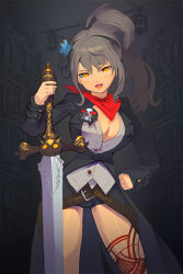 Rule 34 | 1girl, artist request, bandana, belt, breasts, cleavage, clenched hand, coat, dress shirt, flower, grey hair, grin, gs soldier, hair ribbon, hand on own hip, high ponytail, holding, large breasts, lowres, open mouth, orange eyes, ribbon, shirt, shorts, skull, smile, solo, sword, sword girls, tattoo, trench coat, weapon