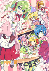Rule 34 | 2boys, 4girls, :d, ahoge, apron, aqua eyes, aqua nails, argyle, argyle background, argyle clothes, blonde hair, blue eyes, blue hair, bonnet, book, boots, bow, bowtie, brown hair, cake, cherry blossoms, closed eyes, closed mouth, commentary, covering own mouth, cup, dutch angle, floral print, flower, food, frilled skirt, frills, glasses, green bow, green hair, green kimono, green neckwear, hair bow, hair ornament, hairclip, hand over own mouth, hatsune miku, headdress, highres, holding, holding book, holding cup, holding plate, japanese clothes, kagamine len, kagamine rin, kaito (vocaloid), kimono, long hair, long sleeves, looking at viewer, maid, maid headdress, megurine luka, meiko (vocaloid), menu, multiple boys, multiple girls, nail polish, neck ribbon, open mouth, orange eyes, petals, pink flower, pink hair, pink kimono, pink sailor collar, pink scarf, plate, pudding, reading, red bow, red ribbon, red skirt, ribbon, sailor collar, scarf, shirt, short hair, skirt, smile, standing, swiss roll, symbol-only commentary, table, tasuki, teacup, tray, twintails, very long hair, vocaloid, wa maid, white apron, white footwear, white shirt, wrist cuffs, yoshiki