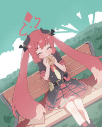 Rule 34 | 1girl, bench, blue archive, blush, closed eyes, day, eating, food, hair ribbon, halo, highres, holding, horns, junko (blue archive), long hair, low wings, necktie, outdoors, red hair, red necktie, red wings, ribbon, shimotsu., short sleeves, sidelocks, sitting, solo, twintails, very long hair, wings