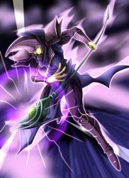 1boy, absurdres, bangs, boots, closed mouth, commentary request, dark magician, duel monster, energy, full body, green eyes, hair between eyes, hat, highres, holding, holding staff, male focus, purple hair, solo, spread fingers, staff, wizard hat, yu-gi-oh!, zeke (analogmon)