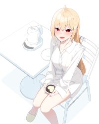 Rule 34 | 1girl, absurdres, ahoge, bare legs, blonde hair, blush, breasts, chair, coffee, collarbone, collared shirt, from above, hair between eyes, highres, jingburger, jirari, long hair, long sleeves, looking at viewer, medium breasts, naked shirt, open mouth, oversized clothes, oversized shirt, red eyes, shirt, sitting, sketch, slippers, smile, table, tsurime, virtual youtuber, waktaverse, white shirt