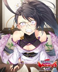 Rule 34 | 1girl, ahoge, angry, bibyo, black hair, breasts, bridal gauntlets, clenched teeth, company name, copyright name, crack, floral print, flower, furious, glasses, indoors, japanese clothes, kimono, logo, official art, ponytail, purple eyes, sengoku bushouki muramasa, small breasts, solo, standing, table, tatami, teeth