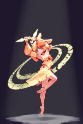 Rule 34 | 1girl, animal ears, arms up, barefoot, blonde hair, bow, chaoschao, closed mouth, commentary, dancer rabbit, detached sleeves, dual wielding, english commentary, flat chest, full body, highres, holding, kunai, looking at viewer, magic circle, medium bangs, midriff, navel, orange bow, orange sleeves, purple background, rabbit and steel, rabbit ears, rabbit girl, ribbon-trimmed tube top, short hair, skirt, smile, solo, spotlight, strapless, tube top, weapon, yellow eyes, yellow skirt, yellow tube top