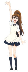 Rule 34 | 1girl, absurdres, apron, arm up, breasts, brown eyes, brown hair, employee uniform, full body, high ponytail, highres, long hair, official art, open mouth, ponytail, salute, scan, simple background, skirt, smile, standing, taneshima popura, uniform, very long hair, white background, working!!